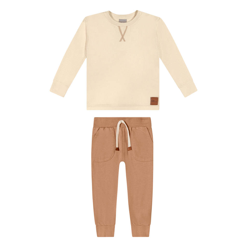 Conjunto Infantil Menino Bordado Gola Colorittá Bege