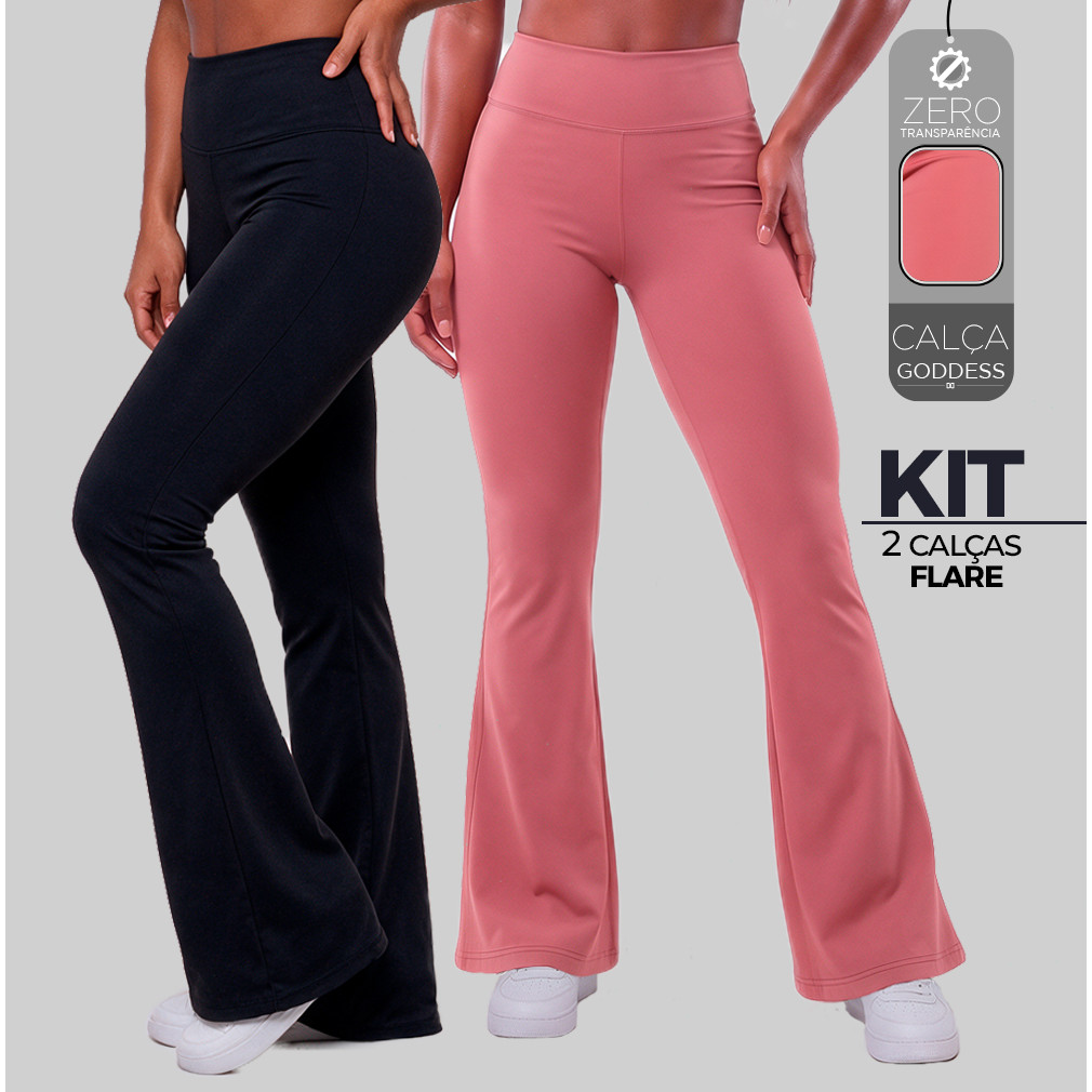 Kit 2 Calças Legging Flare Fitness Feminina Cós Alto Bailarina Zero Transparência Academia