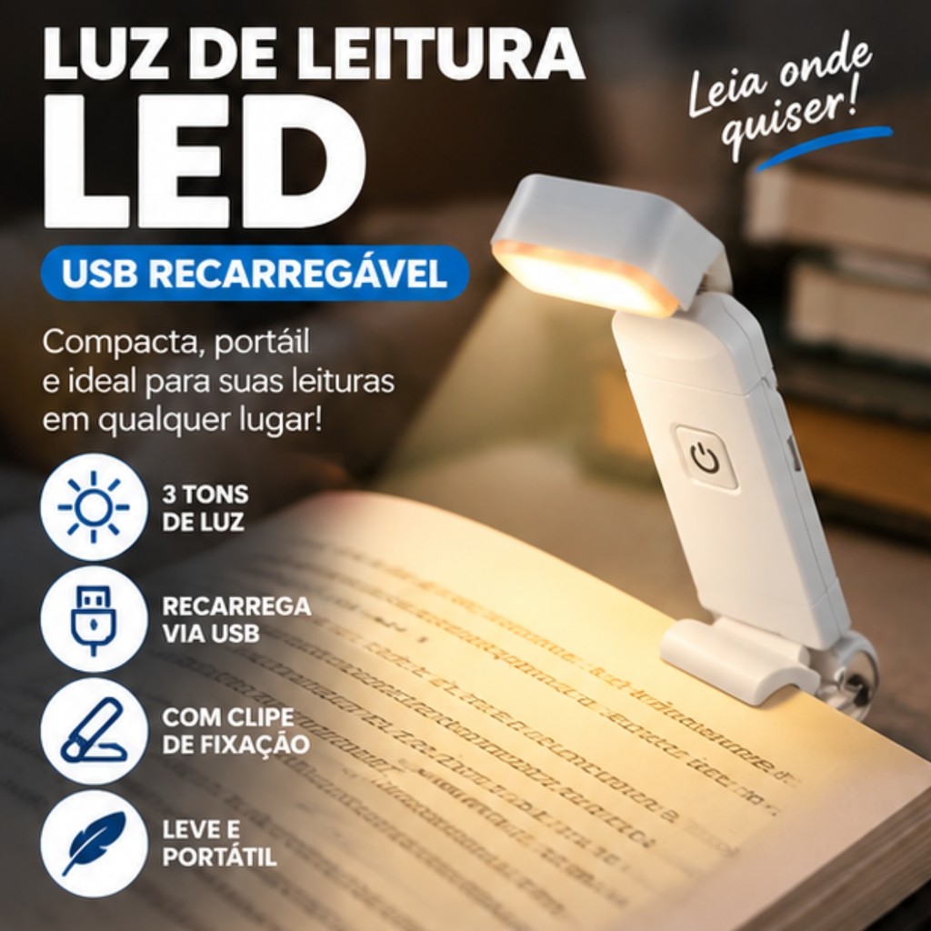 Luz de Leitura LED USB Recarregável com Clipe Portátil 3 Tons Luminária para Livro Leve Compacta Cor Branca