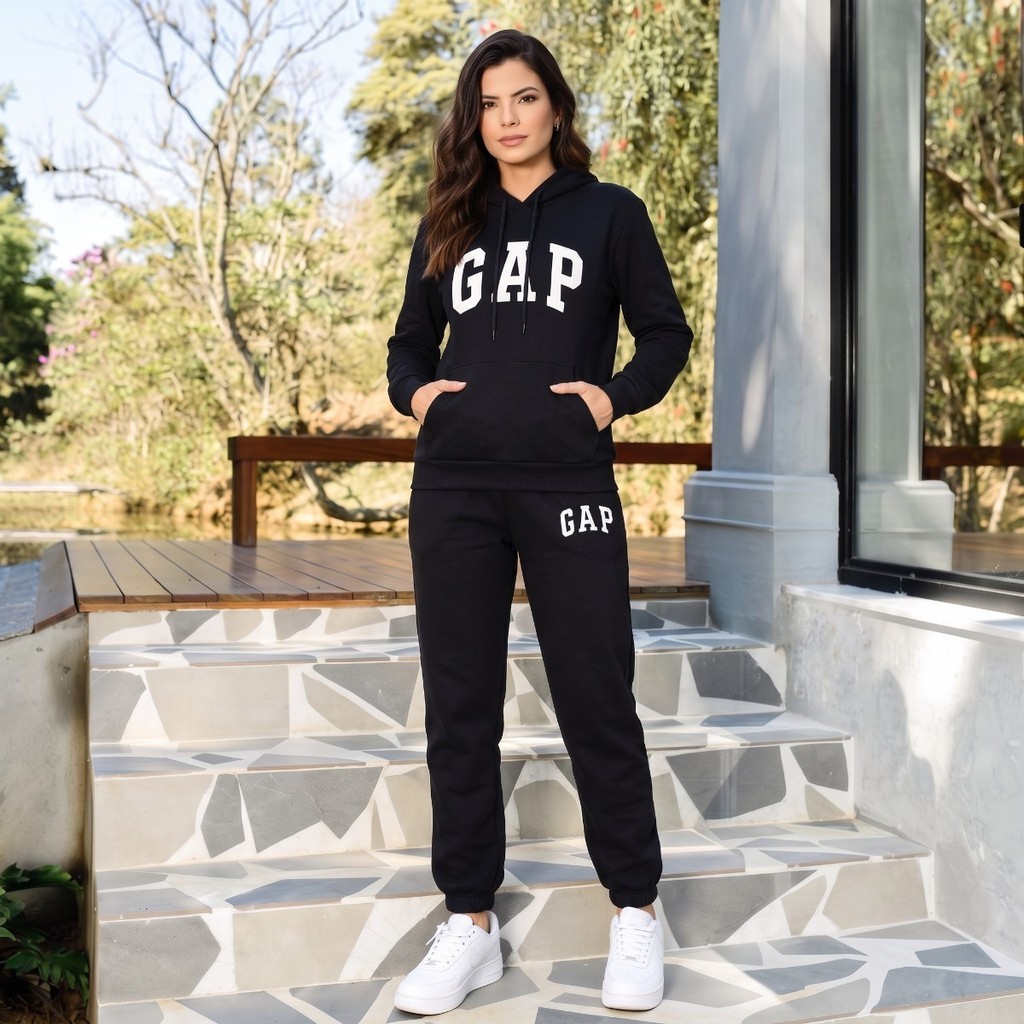 Conjunto Feminino Moletom GAP Flanelado com Capuz e Calça Jogger Preto Confortável Inverno