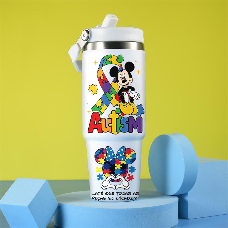 Mickey Mouse Autismo Quebra-Cabeça Copo De Água De Grande Capacidade 900ml Garrafa Térmica De Aço Inoxidável Com Alça