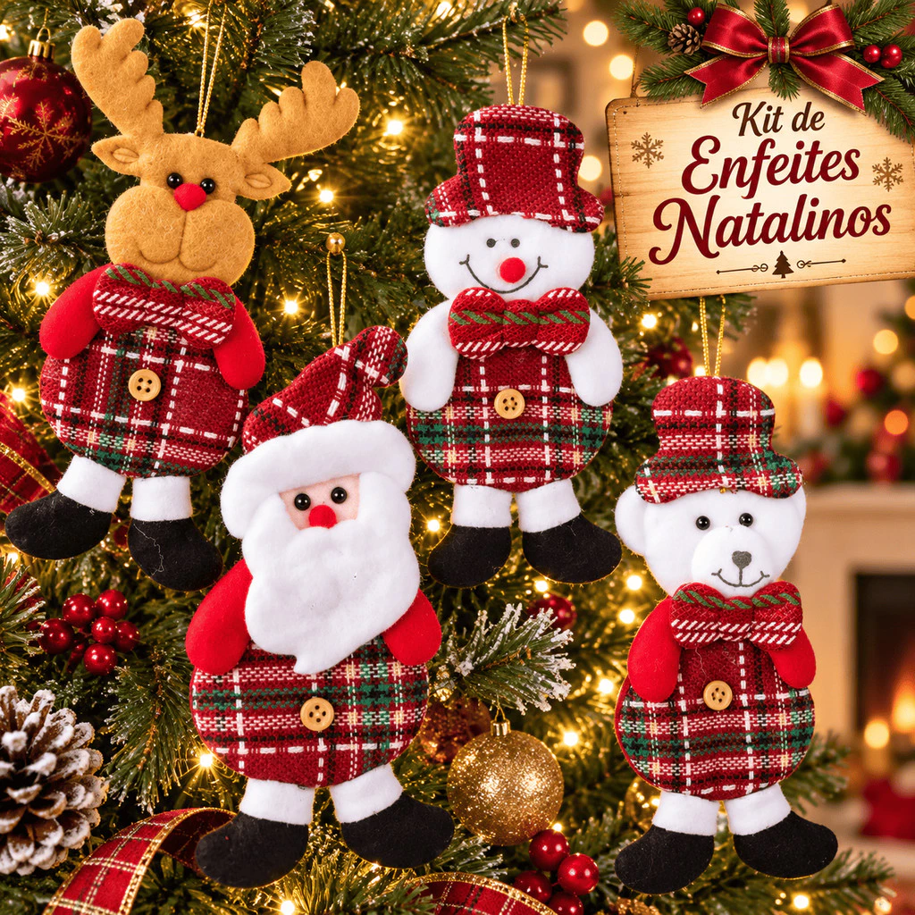 Kit Enfeite de Natal Pelúcia 13cm 12 Peças para Pendurar na Árvore Papai Noel Alce Urso Boneco de Neve