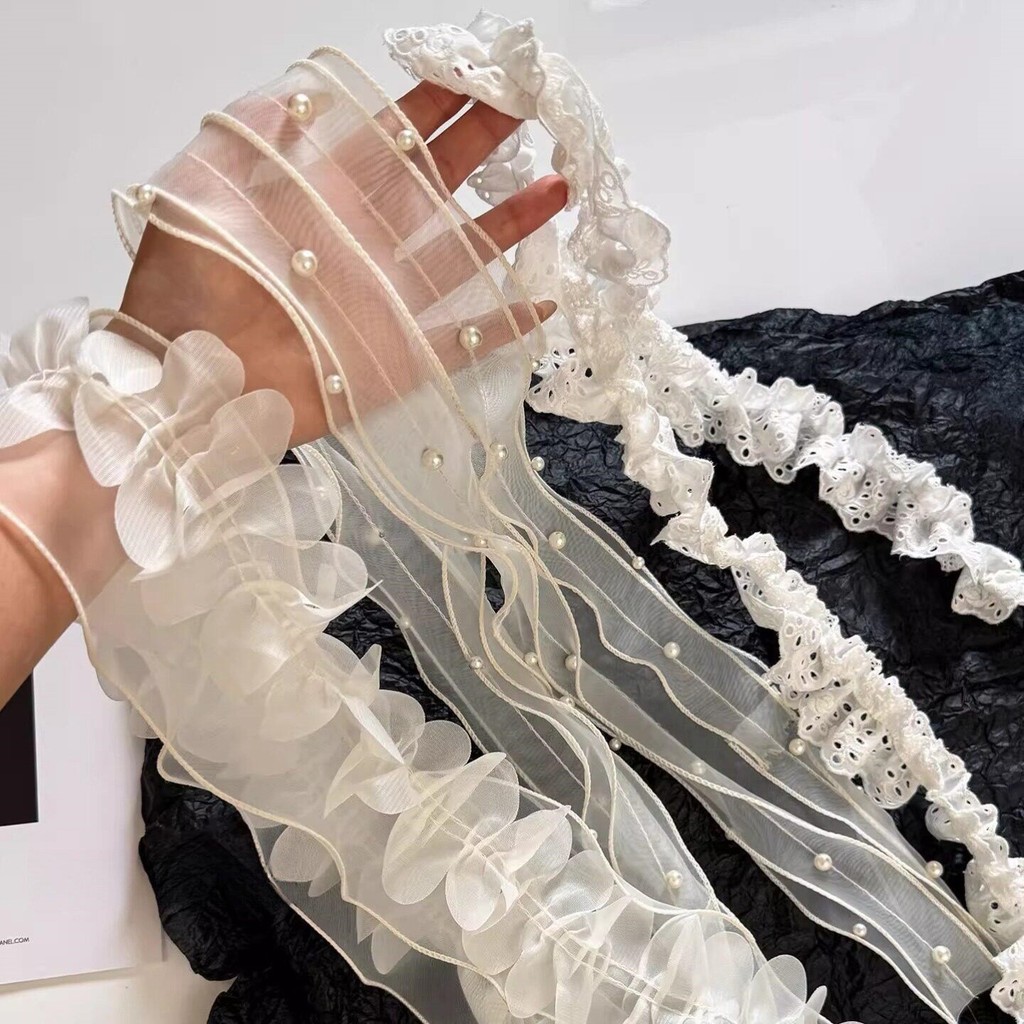 Branco Organza renda longo listrado lenço de seda feminino primavera verão 2026 novo estilo Super fada Streamer rendas p