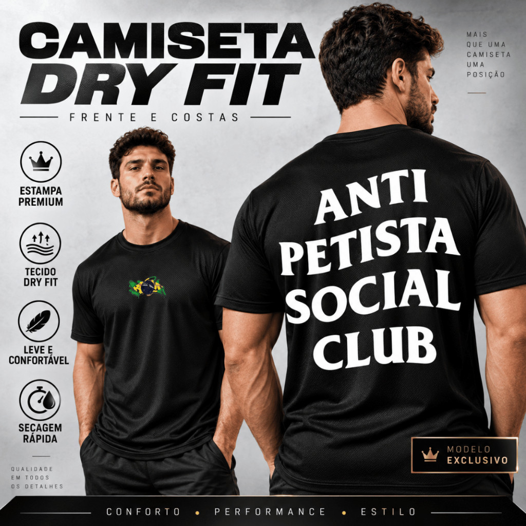Camiseta Masculina Estampa Anti Petista Social Club Bandeira Brasil Academia Treino