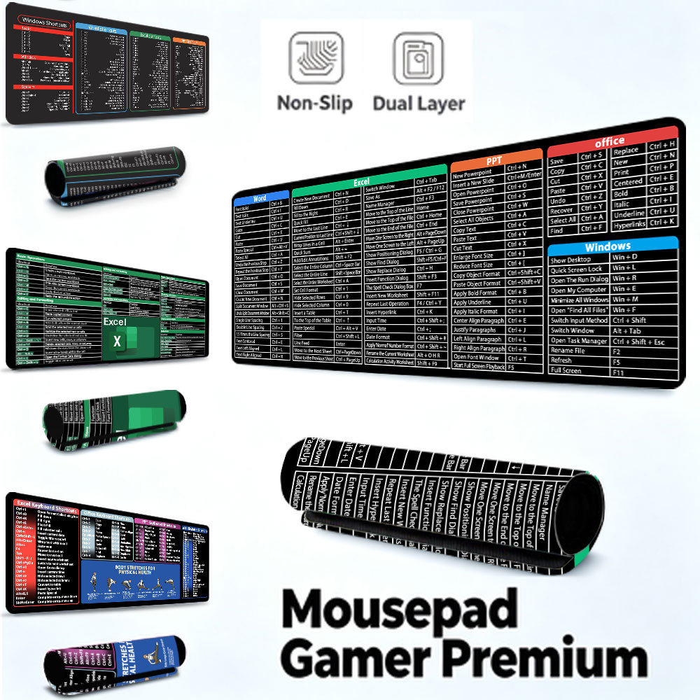 Mousepad Gamer 80x30cm Grande Antiderrapante Atalhos Excel Word para Notebook e Teclado