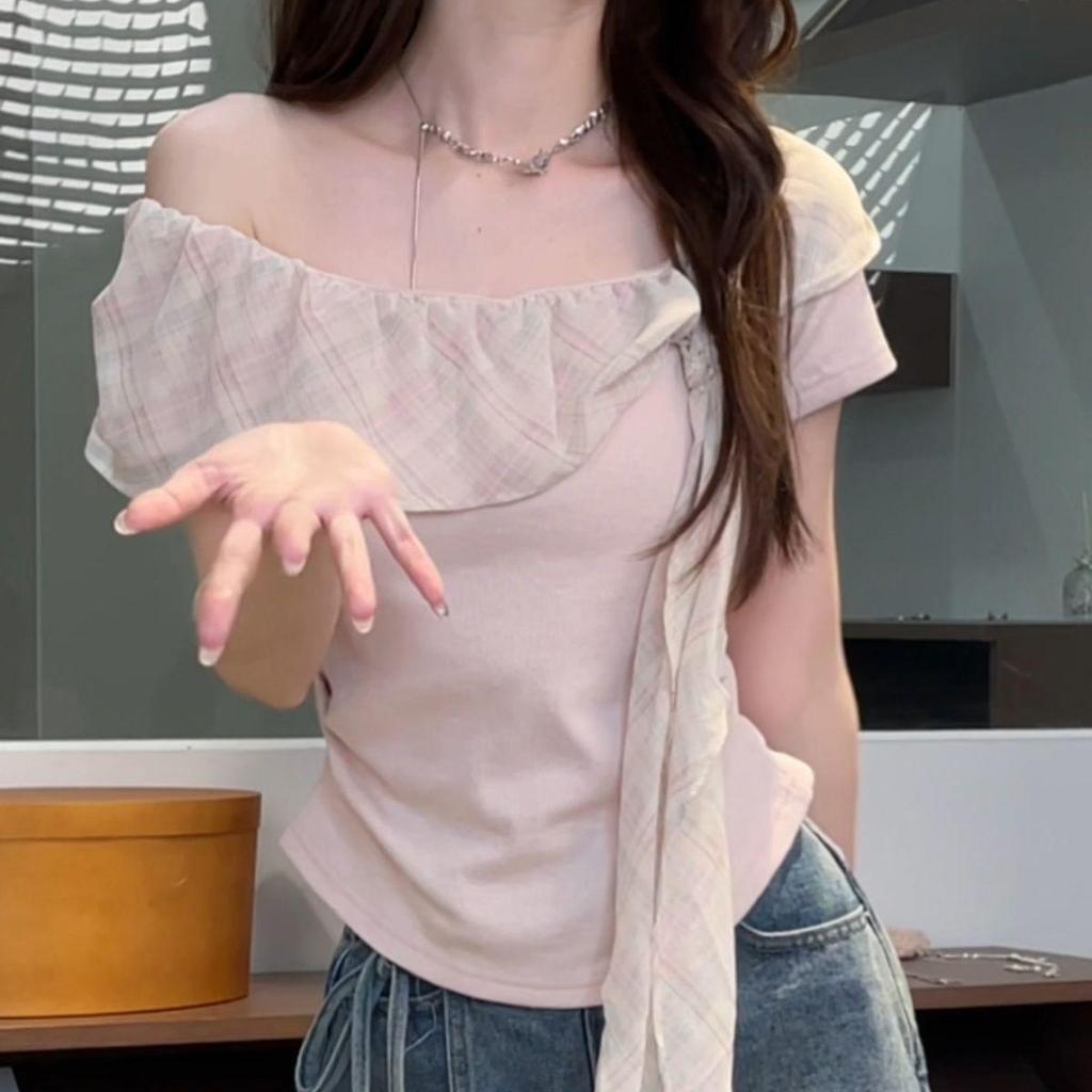 [Venda com desconto por tempo limitado] Camiseta francesa de manga curta novo estilo doce verão fita com babados nicho I