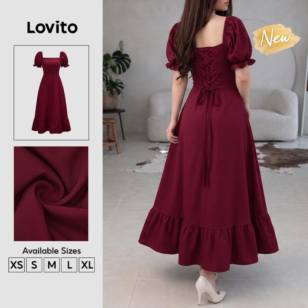 Lovito Vestido Feminino Bordô Elegante com Amarração nas Costas e Babado Modelo Longo A Primavera Verão Ano Novo Chinês e Traje de Trabalho DRB204P1D551