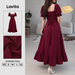 Lovito Vestido Feminino Bordô Elegante com Amarração nas Costas e Babado Modelo Longo A Primavera Verão Ano Novo Chinês e Traje de Trabalho DRB204P1D551