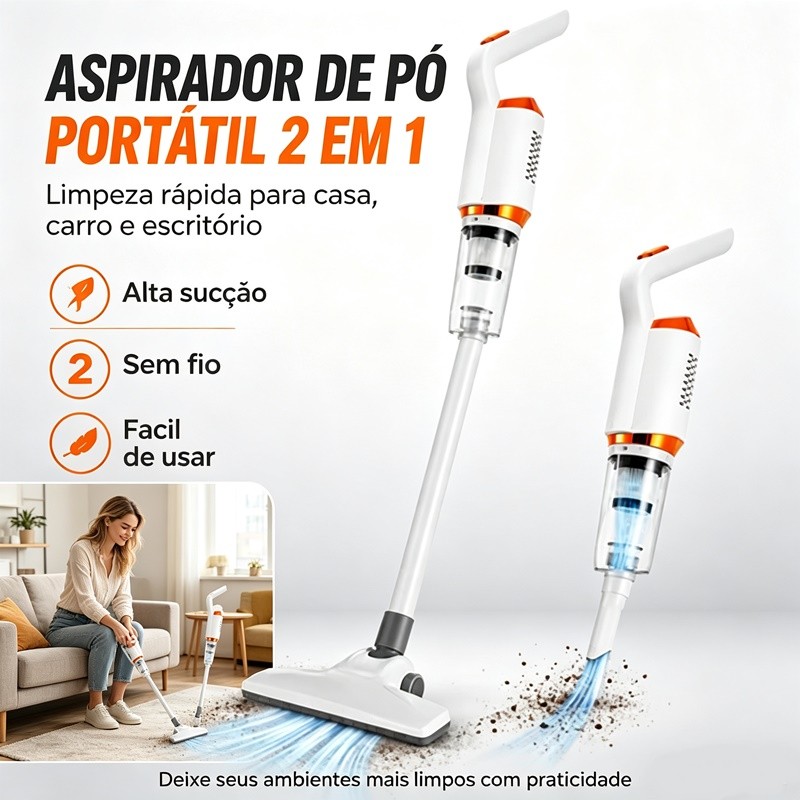 Aspirador de Pó 2 em 1 Limpeza Portátil Sem Fio Multifuncional Para Limpeza De Casa Manual Capillum