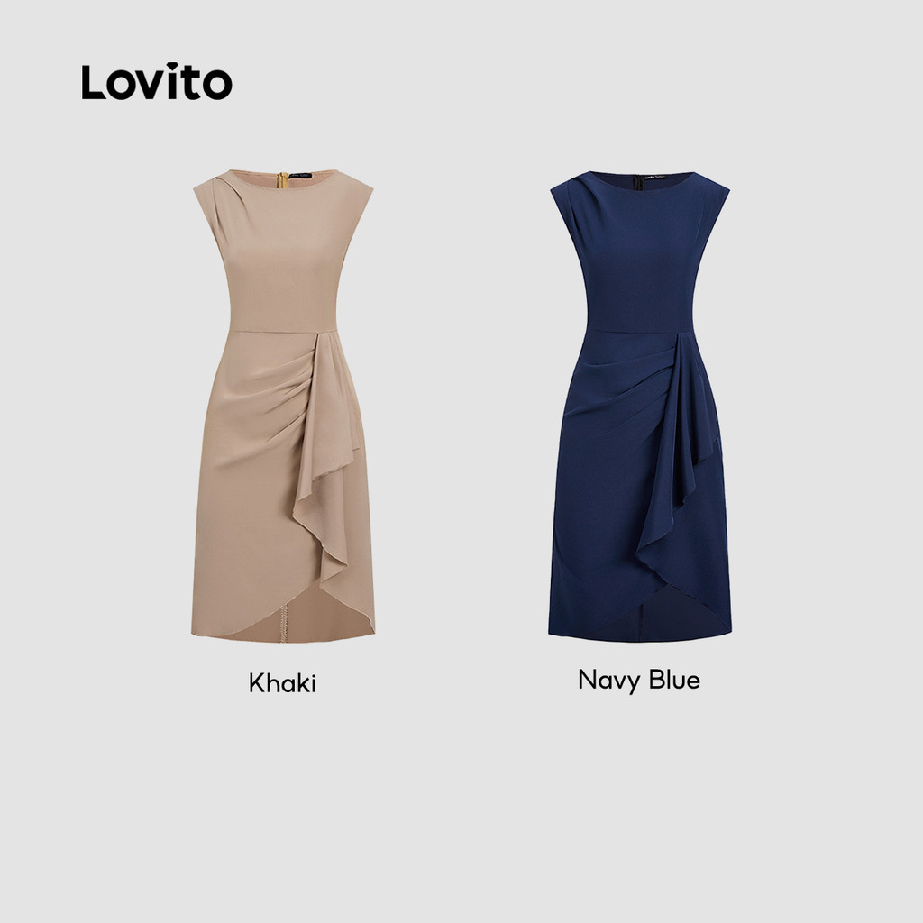 (Elegante) Lovito Vestido Assimétrico com Pregas para Trabalho Na Primavera/verão Vestido caqui L155ED1811