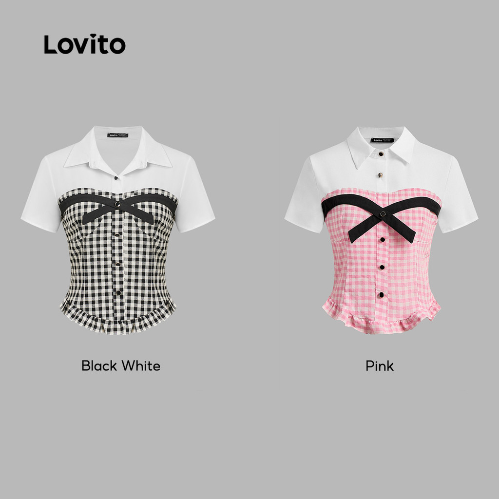 (Trendy) Lovito Blusa Casual Gingham Fake 2 Em 1 Blusa Verão/Primavera Para Mulheres L117AD386