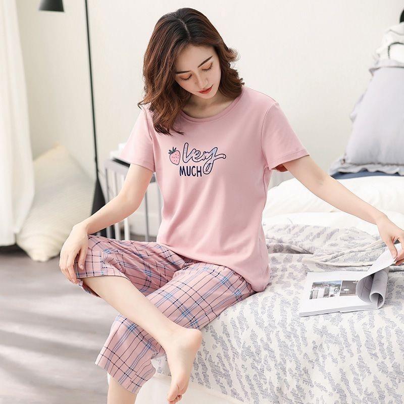 Com almofada no peito 100% algodão pijamas femininos de manga curta Loungewear algodão conjunto de pijamas femininos