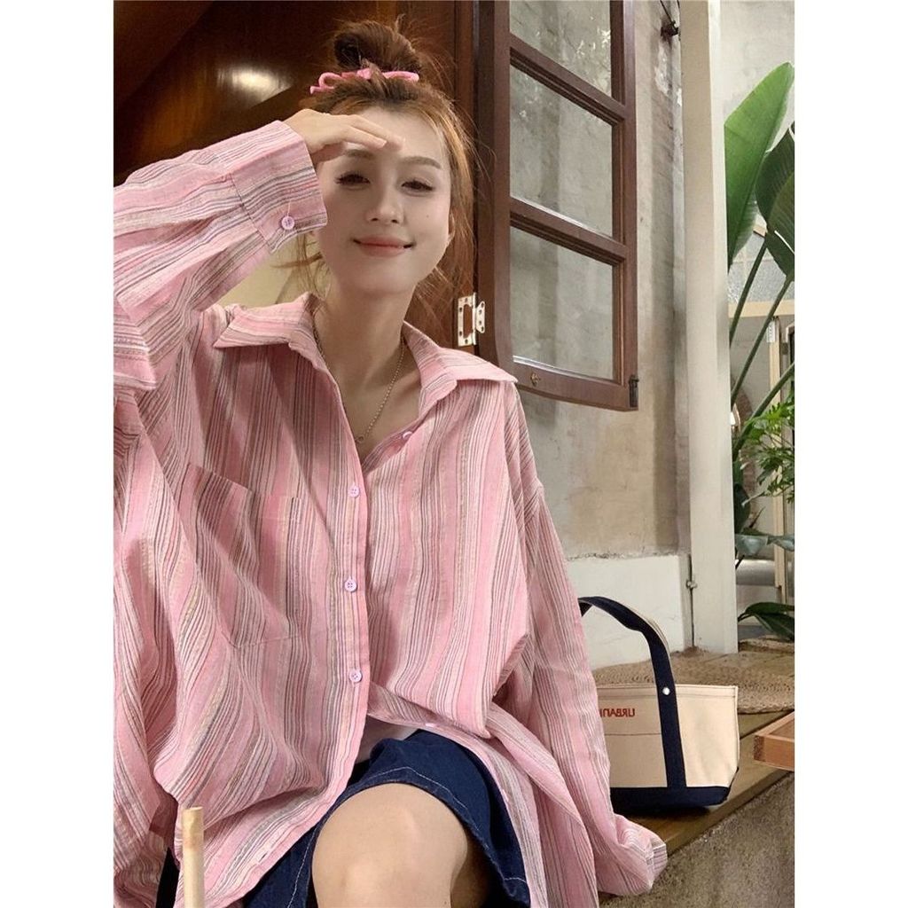 Estilo preguiçoso colorido listrado de manga comprida protetor solar camisa feminina verão Retro solto gola POLO comprim