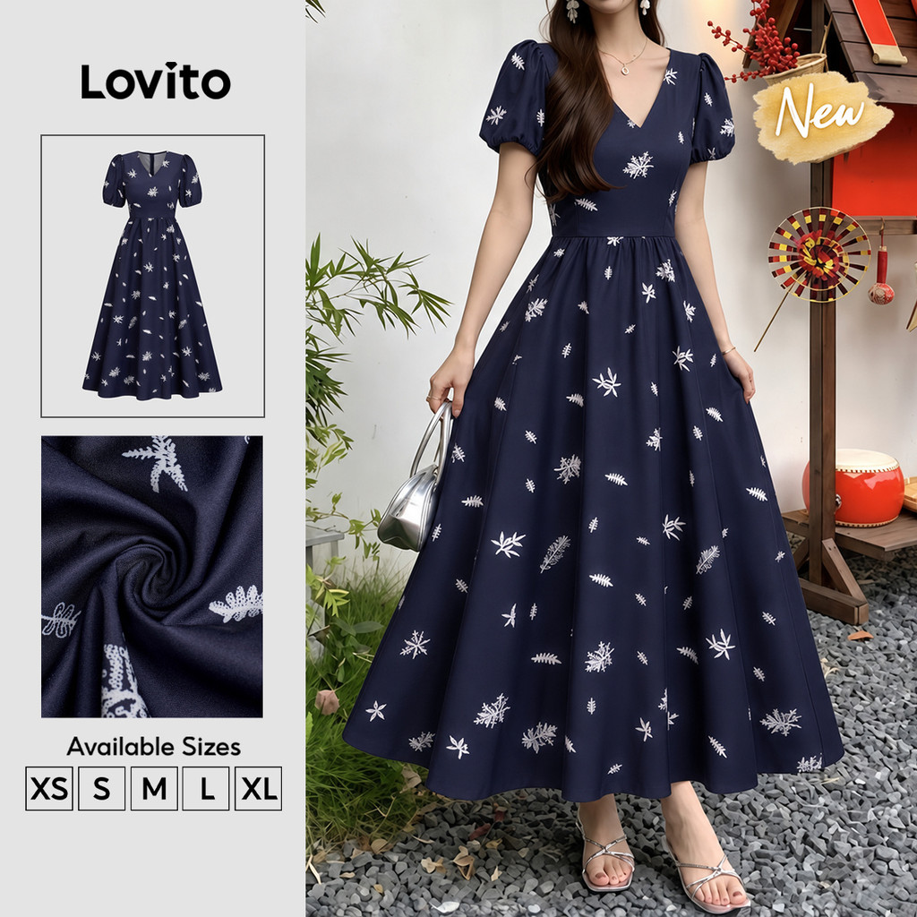 (New Arrival) Lovito Vestido Feminino Boho Floral Com zíper Longo Corte a primavera/verão Fim De Semana Casual férias DRK10BR281
