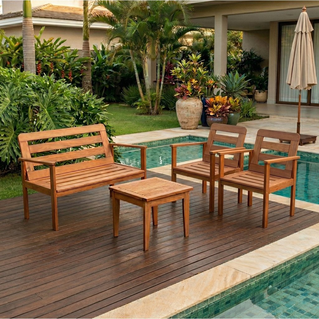 Conjunto para Jardim em Madeira Maciça 1 Sofá 2 Poltronas e Mesa de Centro Yescasa Marrom Cairo Não