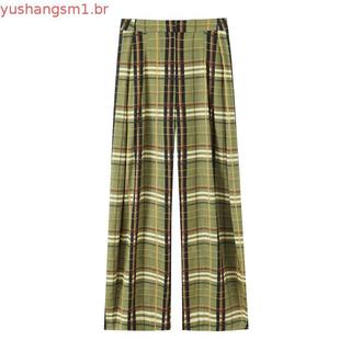 Calças Femininas HXAO 2025, Moda de Outono, Calças Largas Xadrez Elegantes, Cintura Alta, Pernas Largas, Calças Casuais 