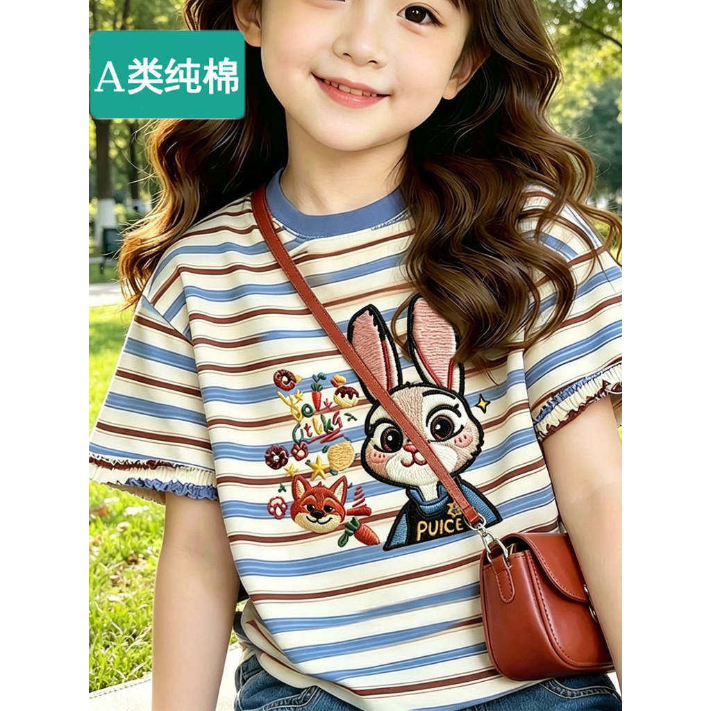 Meninas camiseta de manga curta 100% algodão crianças roupas de verão 2026 novo estilo meninas rendas listrado algodão m