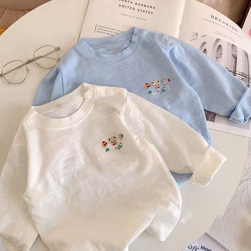 Meninos simples camiseta de manga comprida outono novo estilo estilo japonês crianças bebê cor sólida All-Match camisa d