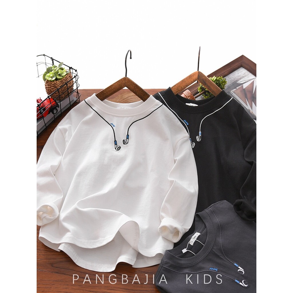 Meninos de manga comprida camiseta primavera outono médio grande crianças 2026 novo estilo puro algodão bordado fones de