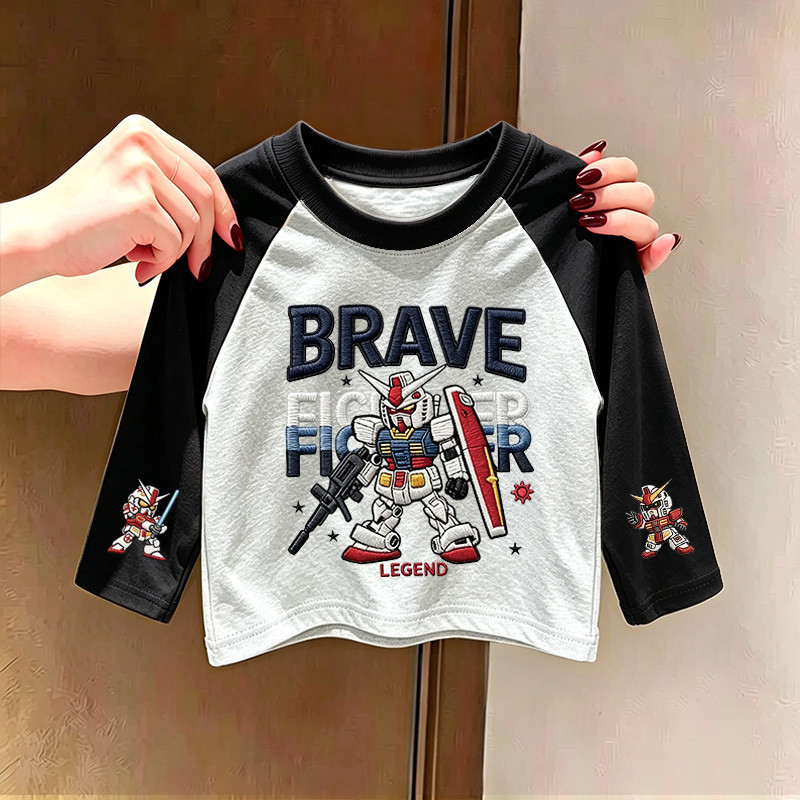 Crianças Gundam Raglan manga comprida algodão camiseta meninos legal robô topo moda cor-bloqueio solto camisa de fundo t