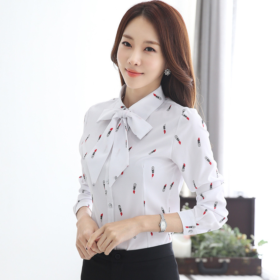 Camisa feminina 2023 de manga comprida início da primavera novo estilo fino-ajuste arco impresso Chiffon All-Match camis