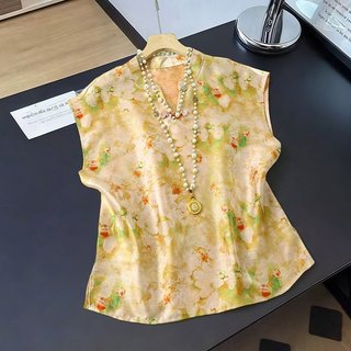 2026 verão novo estilo novo estilo chinês camisa estilo chinês topo camiseta senhoras cetim impresso High-End topo