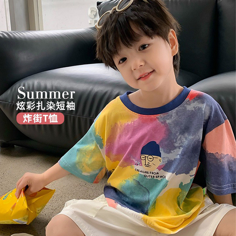 Crianças Tie-Dye estilo impresso camiseta verão 2026 novo estilo roupas infantis meninos bonito estilo tinta versão core