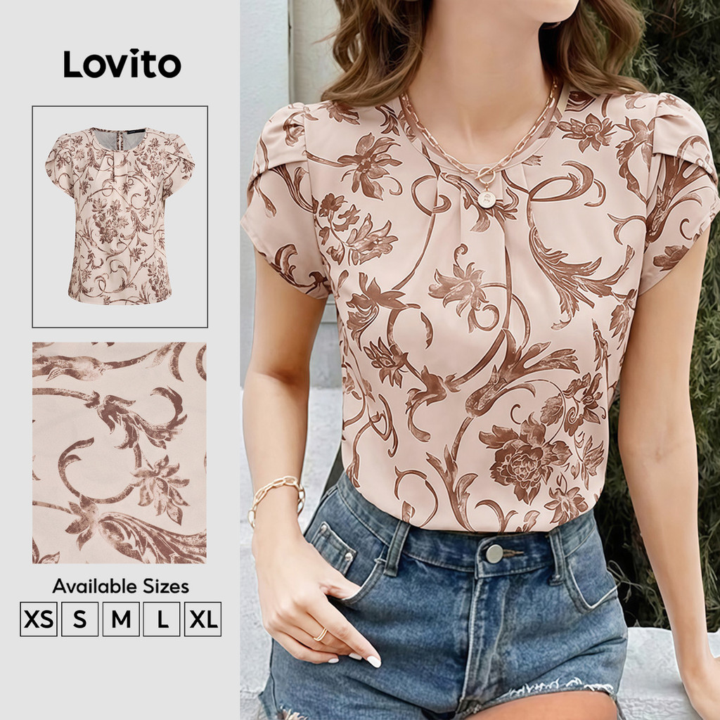 (New Arrival) Lovito Blusa Cáqui Elegante Com Estampa Tribal Retrô Manga Curta Gola Redonda E Pregas Para Primavera/verão E Para O Trabalho Para Mulheres BLB201P1D455