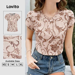 Lovito Blusa Cáqui Elegante Com Estampa Tribal Retrô Manga Curta Gola Redonda E Pregas Para Primavera/verão E Para O Trabalho Para Mulheres BLB201P1D455