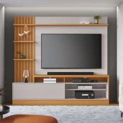 Estante Ripado para TV até 65 Polegadas com LED 200CMX185,3cm Tvs 1 Porta 4 Nichos Freijó Off White Águas Brasileiras