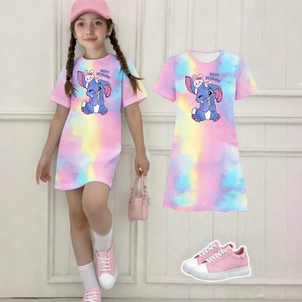 Fantasia gradiente impresso verão desenho animado vestido fofo estilo ocidental moda solta reta
