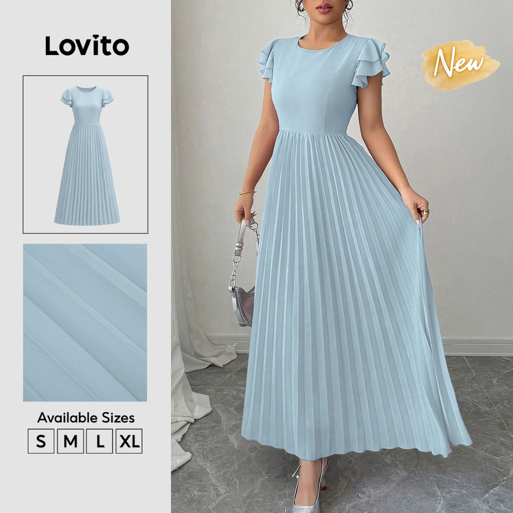 (New Arrival) Lovito Vestido Azul Feminino Longo Plissado 2 Cam Elegante/casual primavera/verão Fim De Semana/trabalho DRB39BR353