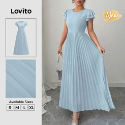 (New Arrival) Lovito Vestido Azul Feminino Longo Plissado 2 Cam Elegante/casual primavera/verão Fim De Semana/trabalho DRB39BR353