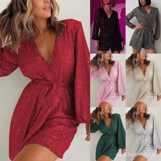 2025 novo estilo europeu americano Cross-Border vendas diretas festa de férias moda lantejoulas vestido de manga comprid