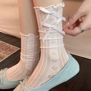 Meias brancas com laço, meias femininas de cano médio, verão, renda fina, amor, série miu, estilo balé, meias pilha