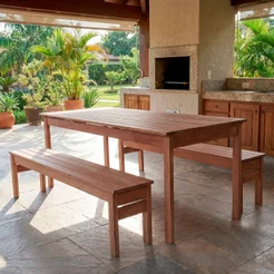 Conjunto Mesa e 2 Bancos em Madeira Maciça 200cm para Área Externa Rústico Marrom Ultron 200