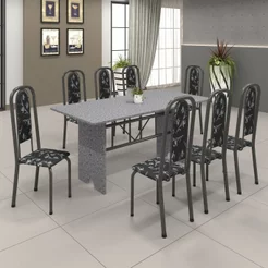 Conjunto de Mesa 180x75cm Tampo Granito com 8 Cadeiras Lavínea Cinza/Martelado Prata/Ocre/Preto Floral Martelado
