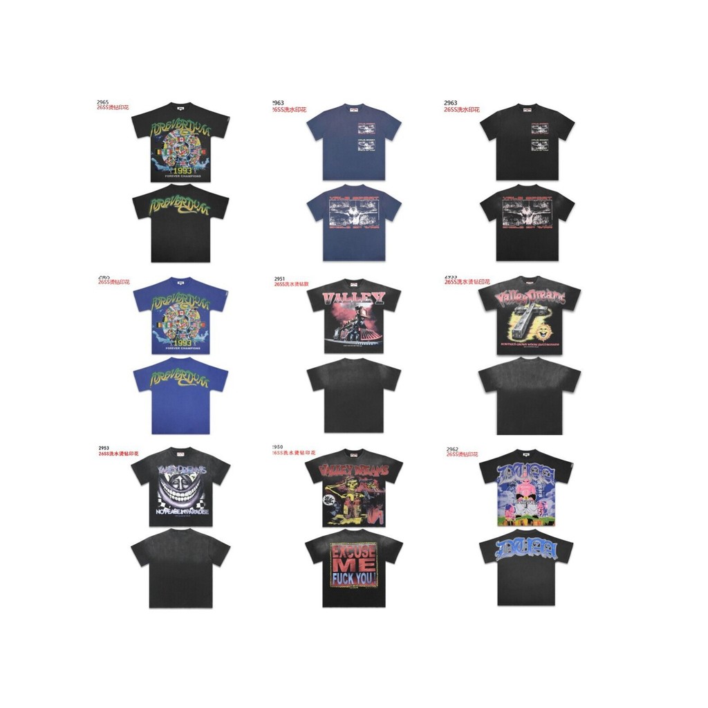Duaaa novo estilo americano Retro quente diamante impresso camiseta de manga curta masculina solta lavada angustiado rua