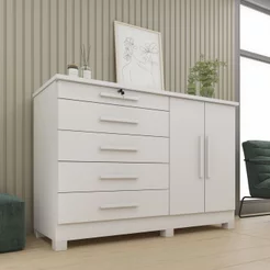 Cômoda 5 Gavetas 2 Portas com Pés 136cm Istambul Branco/Neve Neve