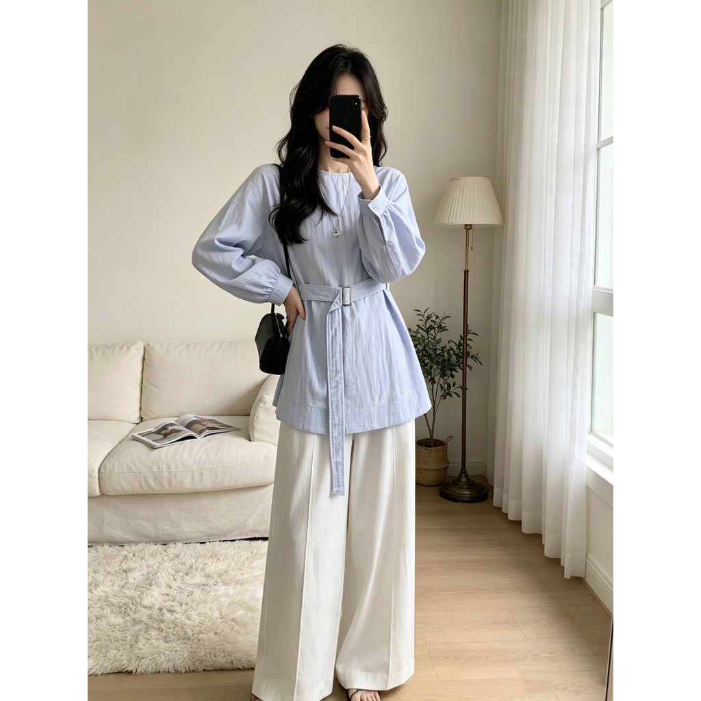 Design sentido estilo coreano amarrado cintura estreita camisa de manga comprida feminina outono novo estilo elegante Co