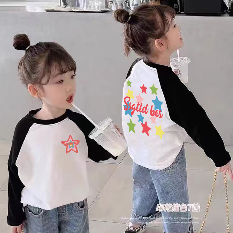 Algodão puro meninas de manga comprida contraste cor Raglan camiseta primavera outono crianças versão coreana em torno d