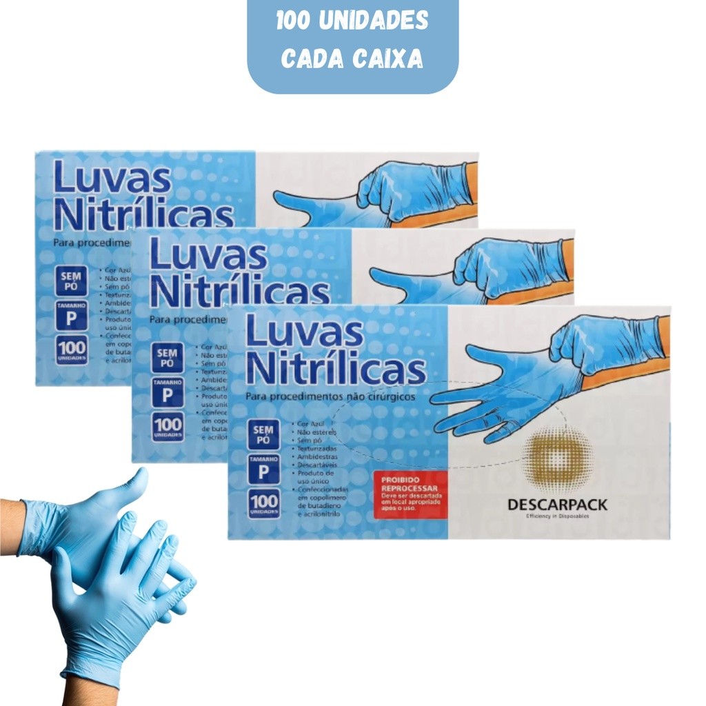 Kit 300 Luva Descartável Nitrilica Sem Pó Azul P M G Nitrilo Antialérgica Resistente Profissional