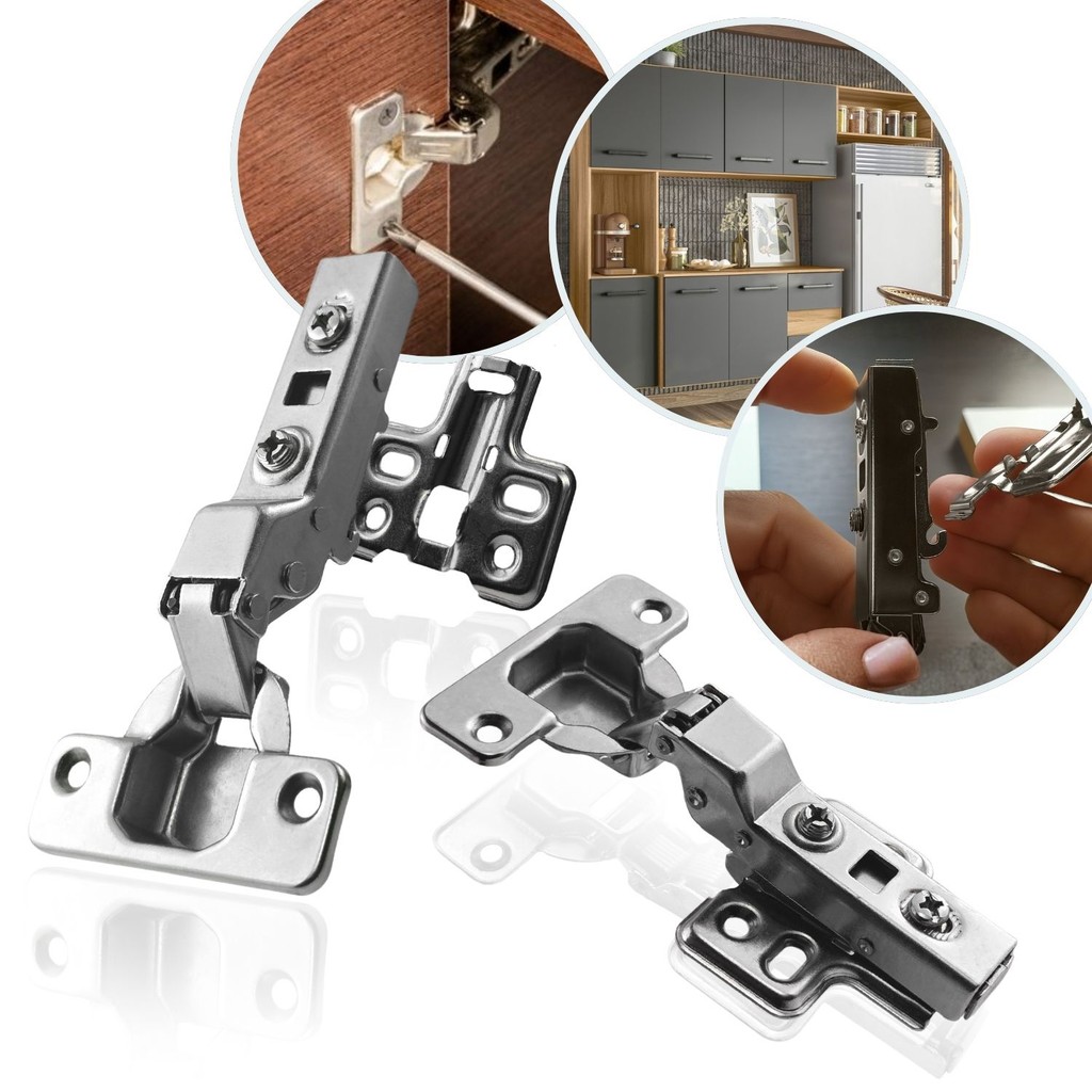 Kit 2 Dobradiça Curva 35mm Click Amortecedor Portas Móveis Armário Caneco Resistente Mola Calço Soft Close Clique Guarda