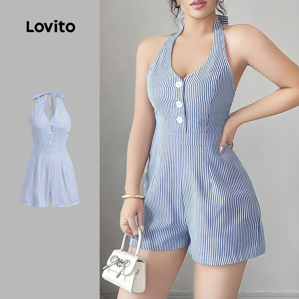 Lovito Macacão Curto Casual De Primavera/verão Com Laço Nas Costas Para Mulheres L143ED256 em Oferta na Shopee