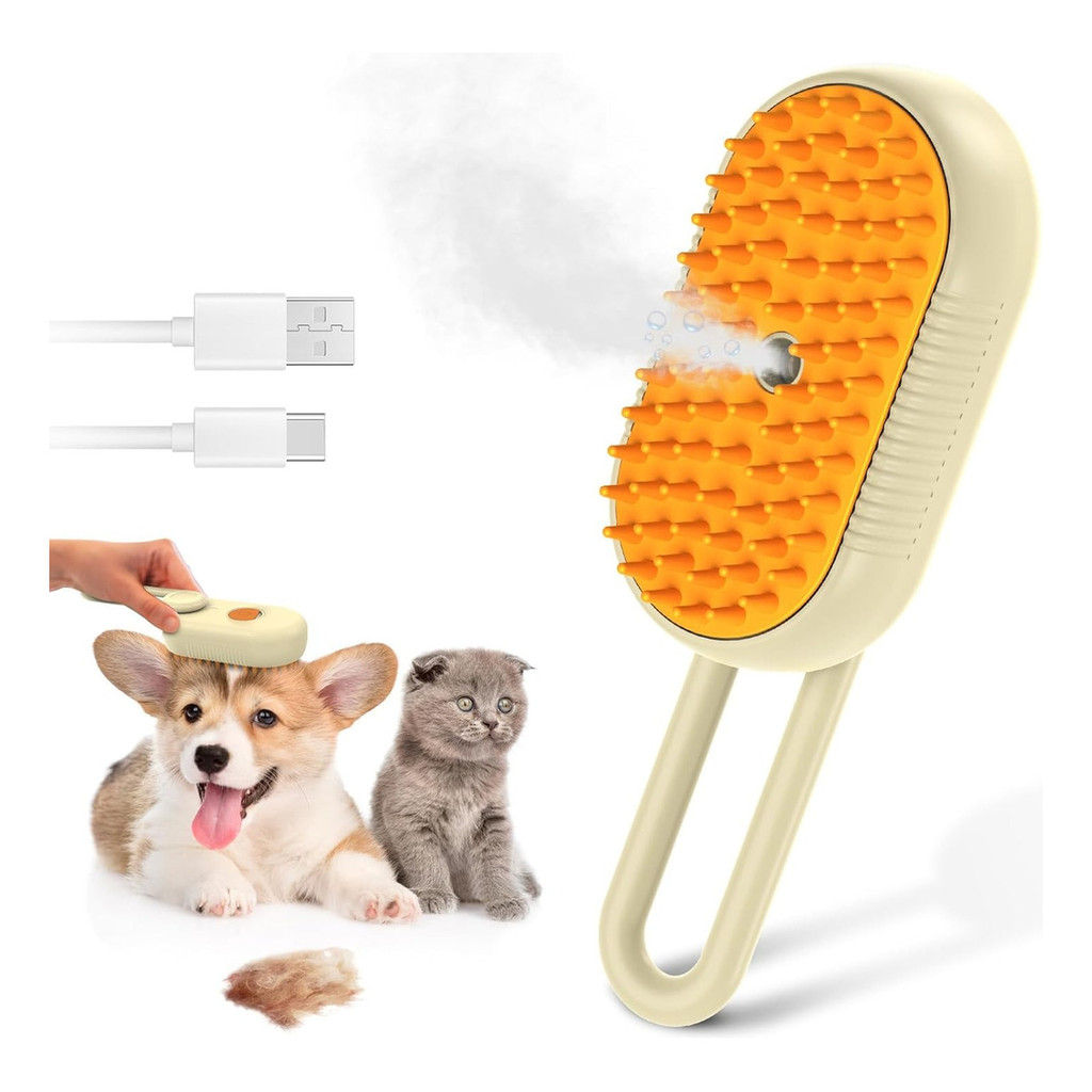 Escova a Vapor 3 em 1 para Cães e Gatos - Elétrica Recarregável Spray e Pente de Massagem para Pêlos
