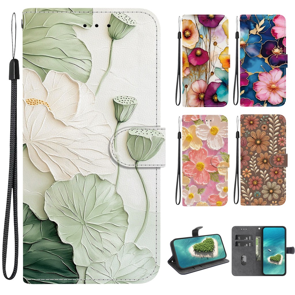 Samsung Galaxy A14 A24 A34 A54 A13 A23 A33 A53 A73 A22 A32 A52 A52S 4G 5G Flor De Lótus Carteira Flip Couro Magnético Ca