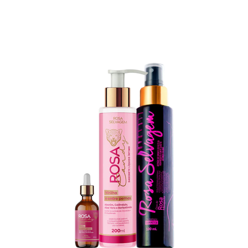Kit Rosa Selvagem Cuidado do Corpo (Sérum Rosa Candy 30ml, Sabonete Íntimo 200ml, Óleo Clareador 100ml)