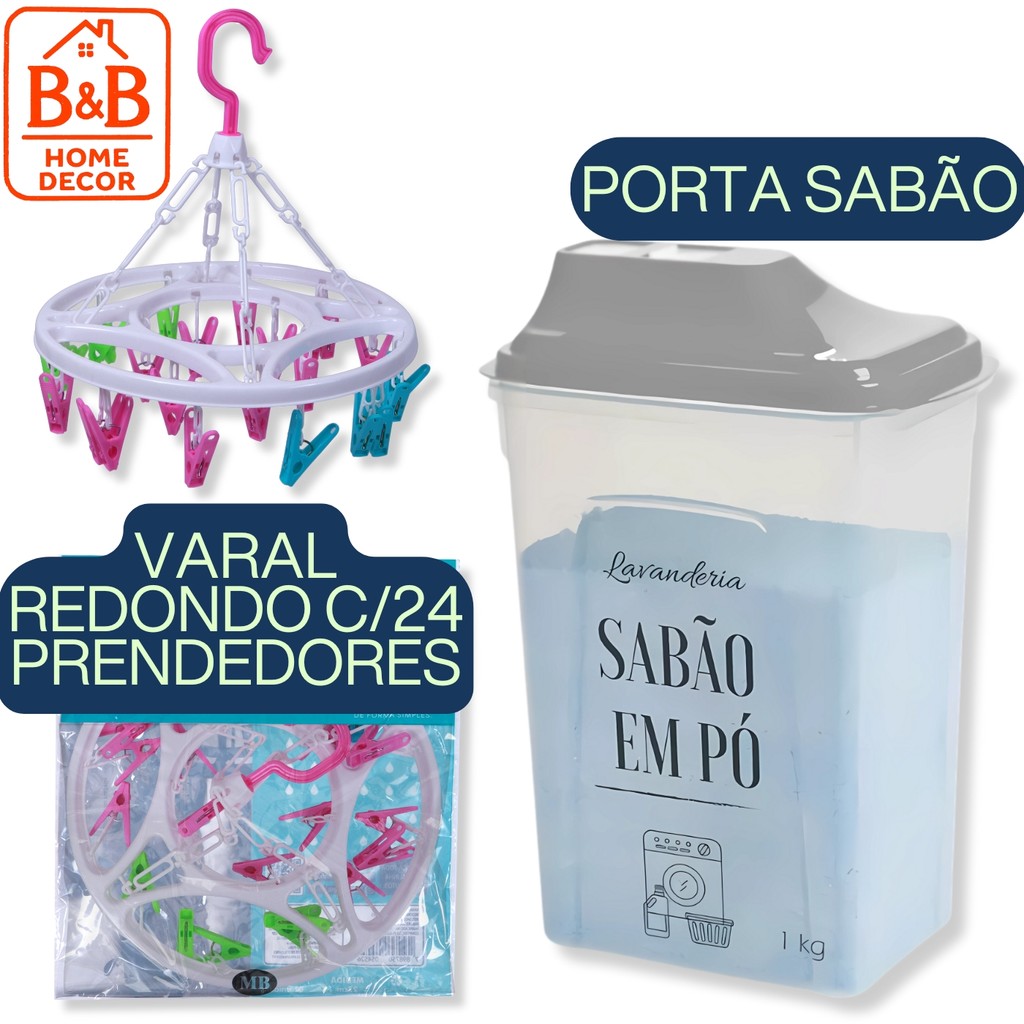 Praticidade na Lavanderia: Porta Sabão em Pó + Varal Roupa Íntima Redondo com 24 Clips