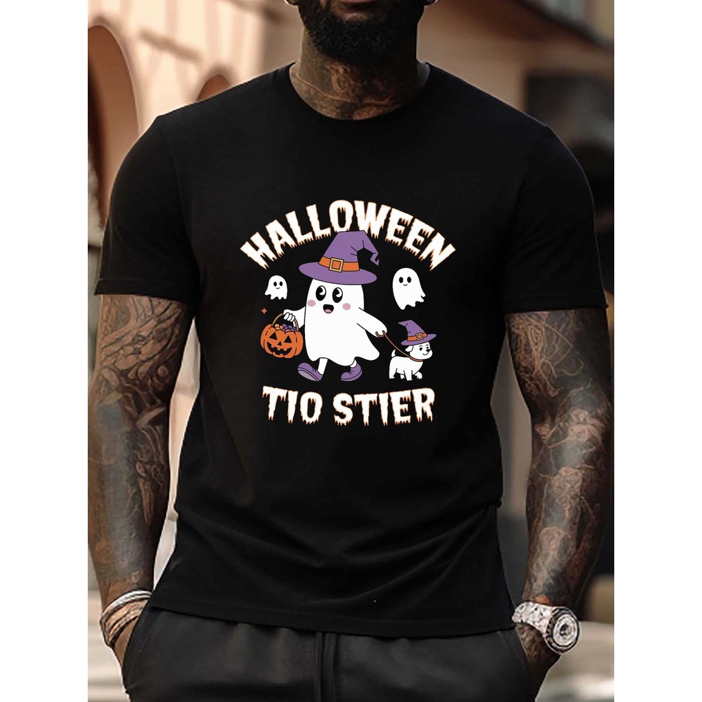 Camiseta Masculina De Algodão Para Halloween Com Estampa De Bruxa Fantasma E Cachorrinho, Cesta De Abóbora E Fantasminha
