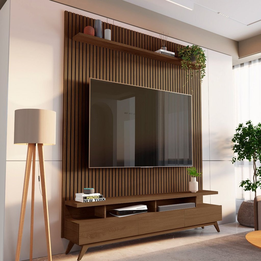 Rack com Painel Ripado para Tv até 72 Polegadas 185x250cm 100% Mdf Yucca CabeCasa MadeiraOriginals Cedro em Oferta na Shopee